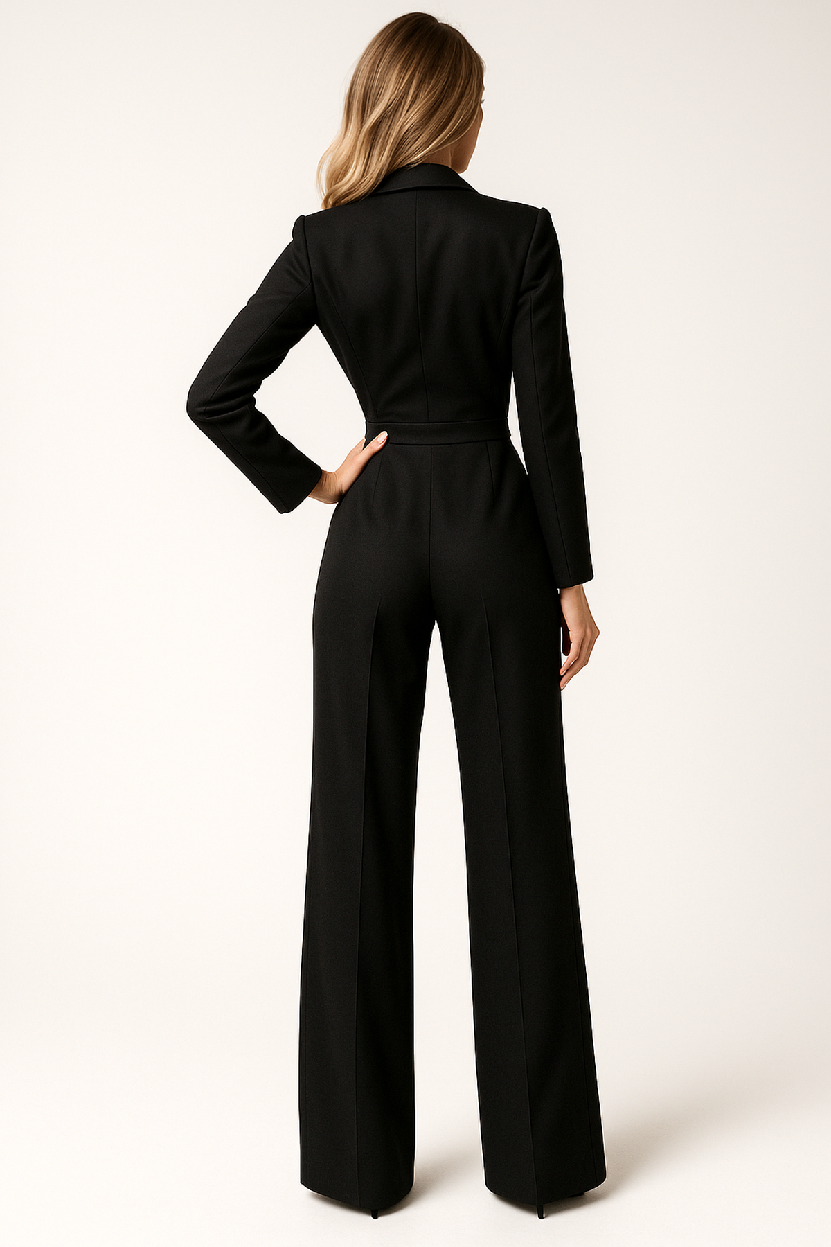 Women’s V-neck wide-leg jumpsuit in black, elegant one-piece outfit for office, evening, or formal occasions