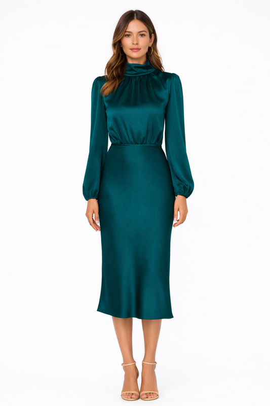 Women's Hazel Satin Long-Sleeve Midi Dress