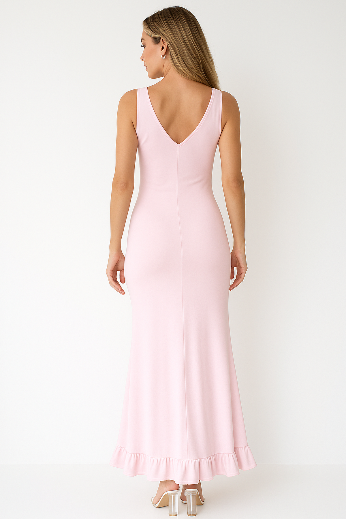 Women’s pink ruched sleeveless maxi dress with open back – elegant occasion wear