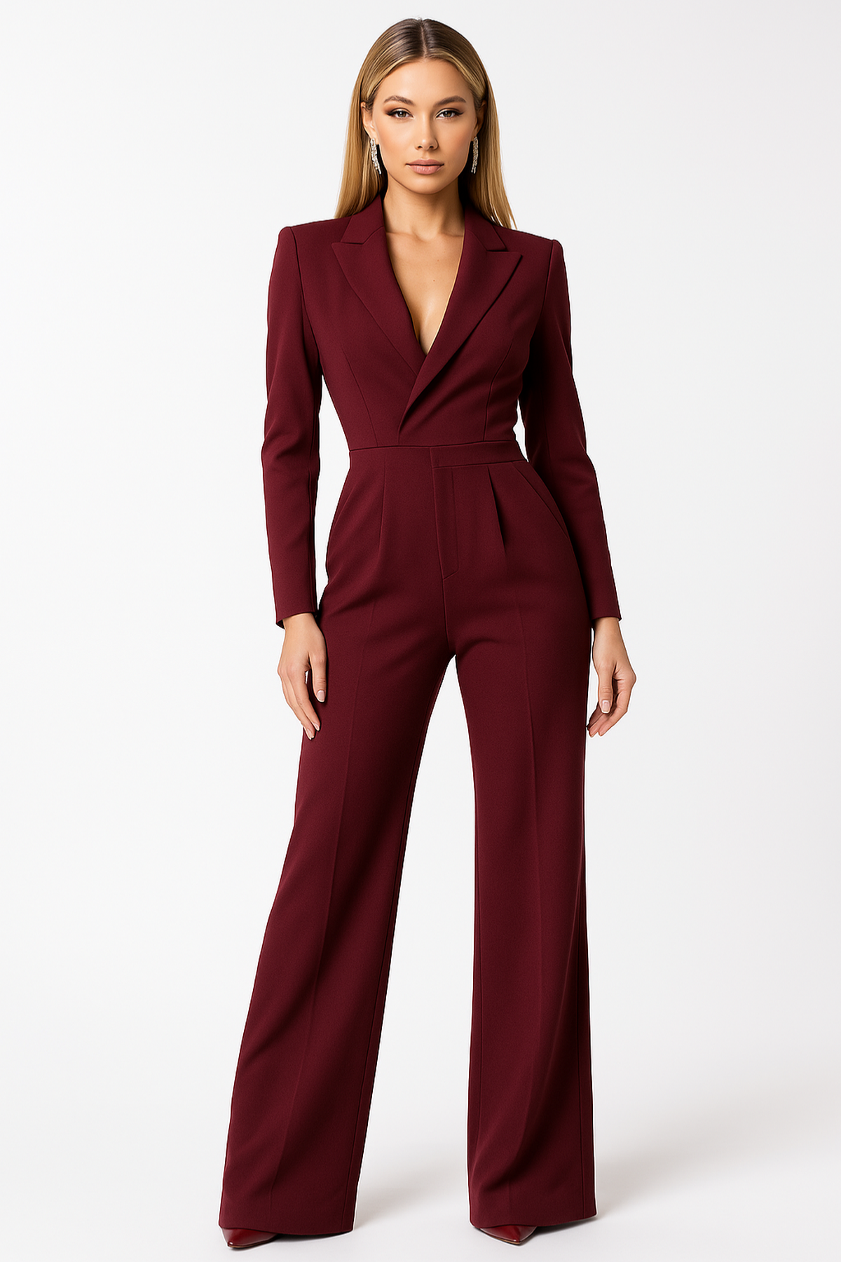 Women’s V-neck wide-leg jumpsuit in red, elegant one-piece outfit for office, evening, or formal occasions