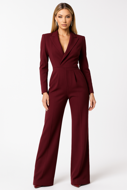 Women’s V-neck wide-leg jumpsuit in red, elegant one-piece outfit for office, evening, or formal occasions