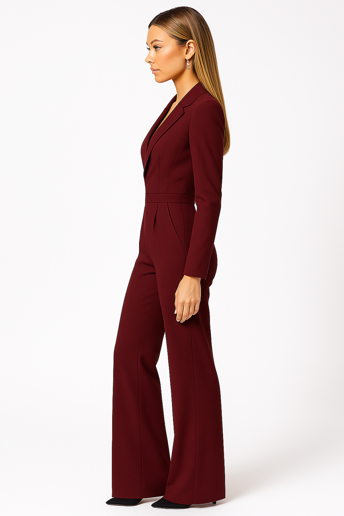 Women’s V-neck wide-leg jumpsuit in red, elegant one-piece outfit for office, evening, or formal occasions