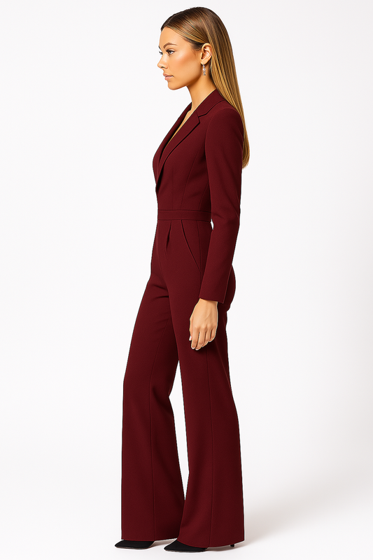 Women’s V-neck wide-leg jumpsuit in red, elegant one-piece outfit for office, evening, or formal occasions