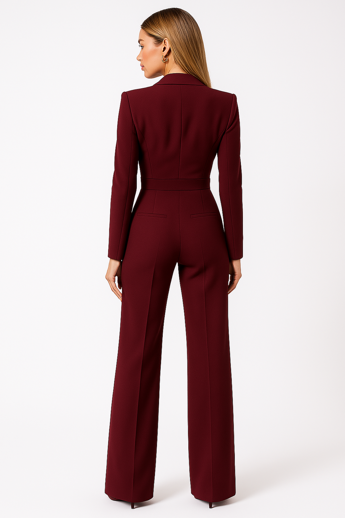 Women’s V-neck wide-leg jumpsuit in red, elegant one-piece outfit for office, evening, or formal occasions