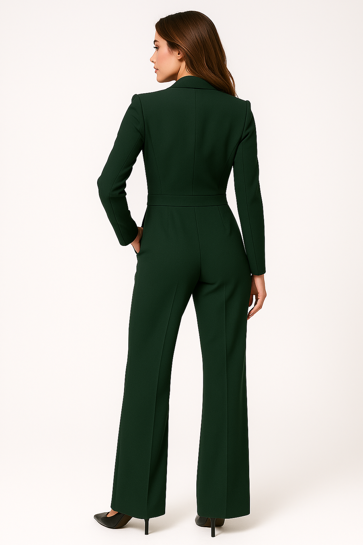 Women’s V-neck wide-leg jumpsuit in green, elegant one-piece outfit for office, evening, or formal occasions